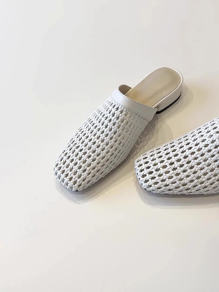 夏季版~简约皮面手工编织镂空一脚蹬包头鞋女低跟外穿舒适凉拖鞋