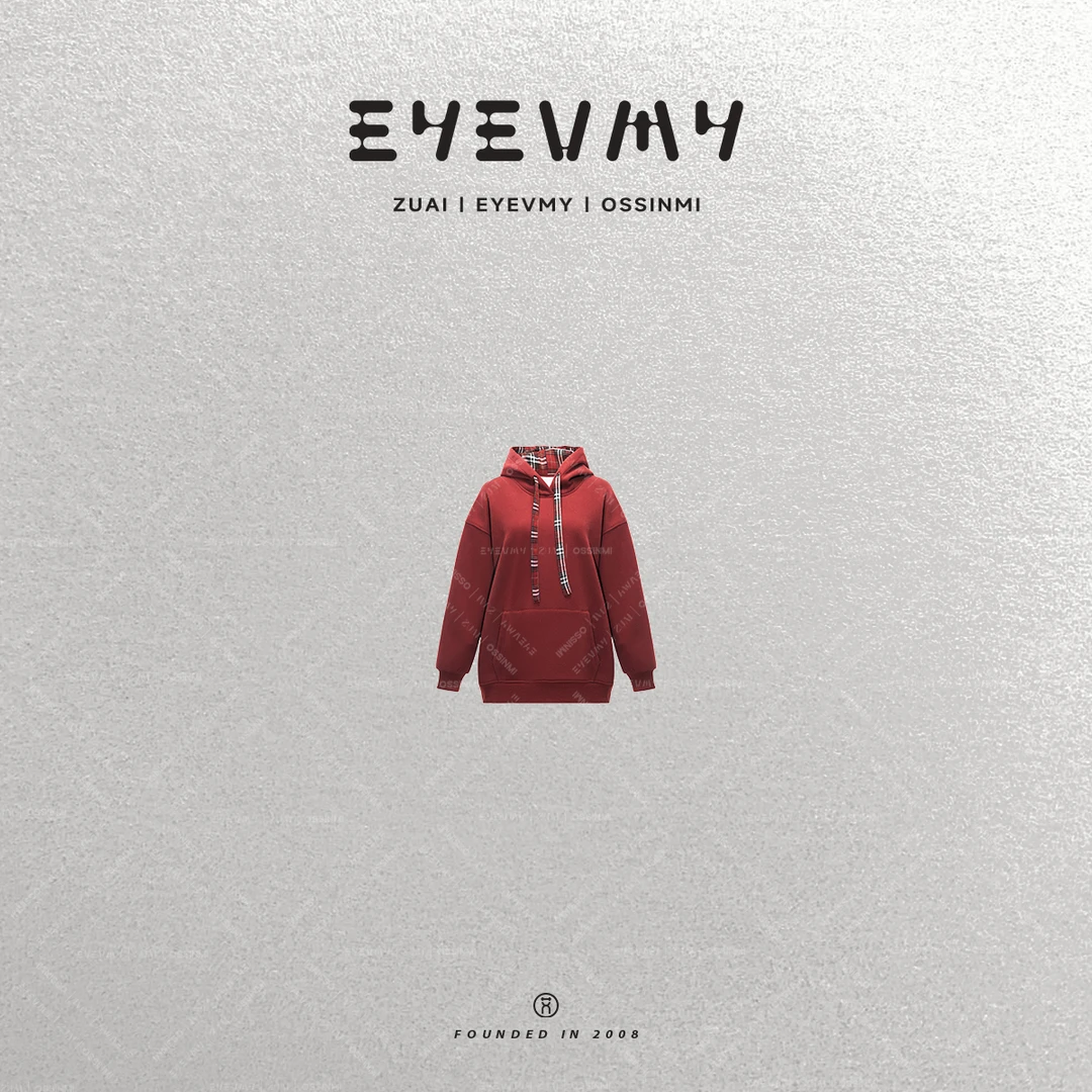 【禧悦卫衣】复古格纹拼接连帽车厘子红加绒卫衣WT44GYQ018