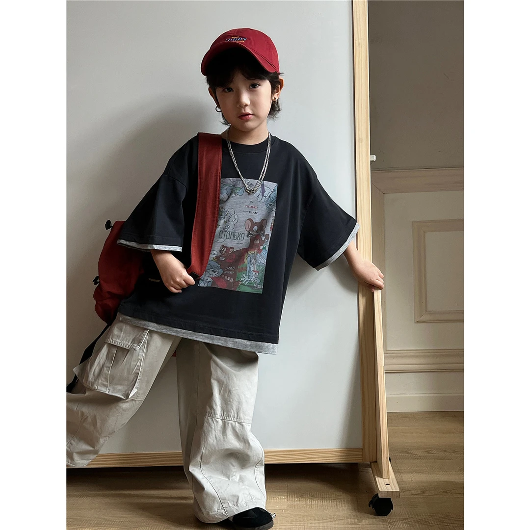 in 爱：sn25夏儿童假两件短袖男女童洋气简潮韩版卡通纯棉半袖7859