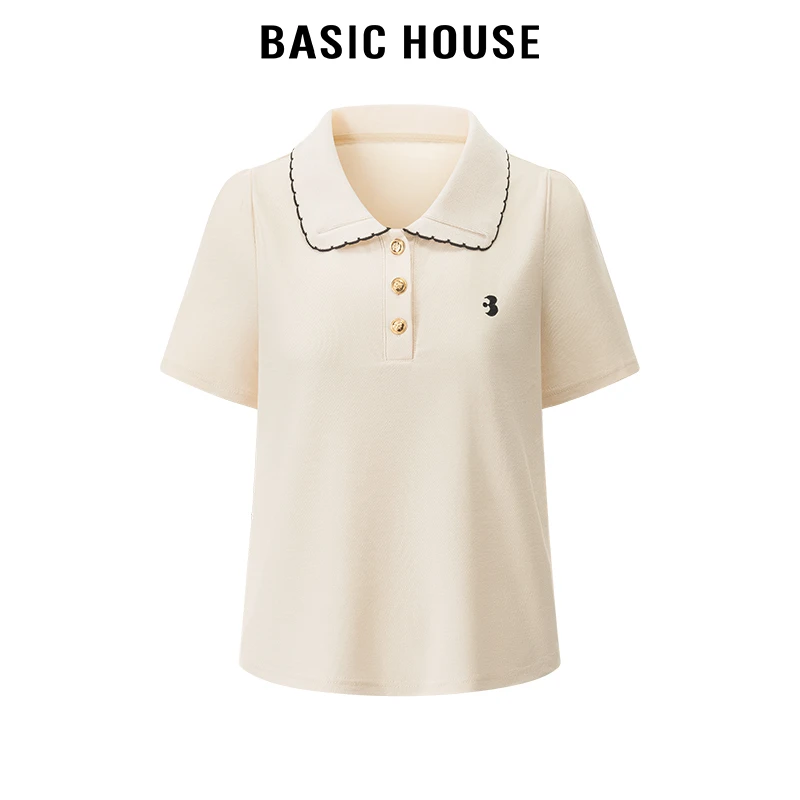 百家好/Basic House法式杏色气质小众通勤时尚翻领刺绣短袖T恤女