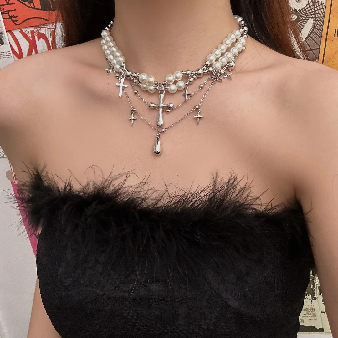 合金仿珍珠项链 X0001A哥特朋克风双层十字架珍珠项链女小众设计