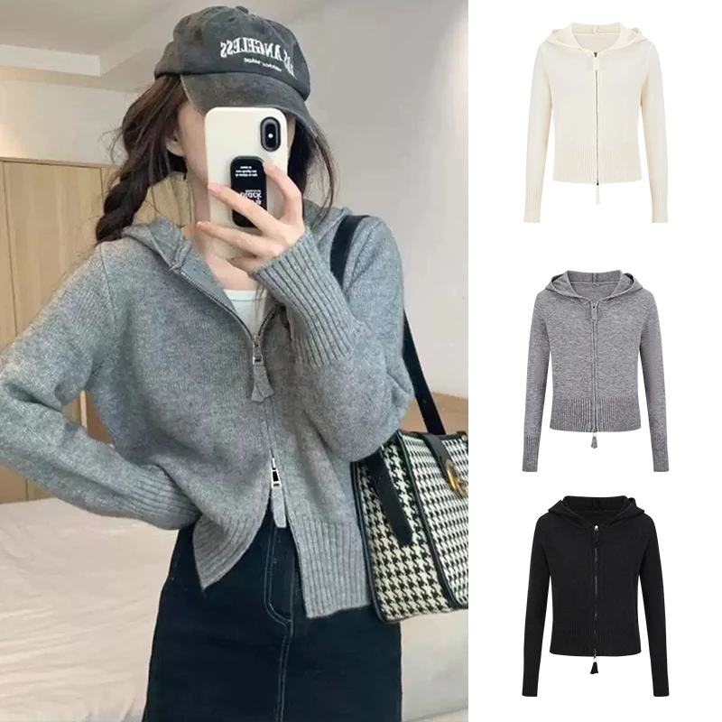 2025韩版秋冬新款纯色连帽针织开衫外套女短款双拉链翻领上衣