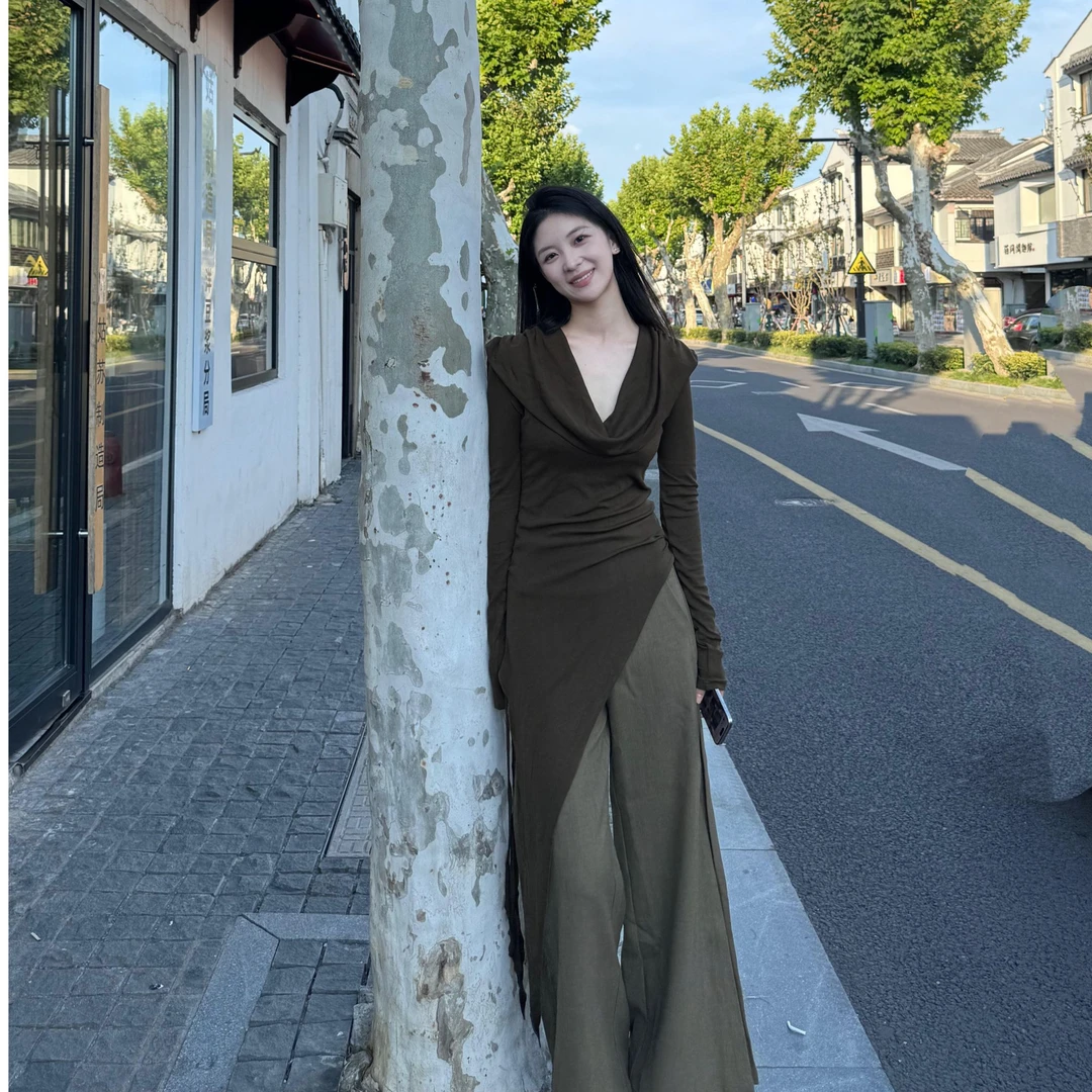轻熟风欧美长袖荡领T恤别致不规则辣妹上衣女百搭时尚显瘦设计感