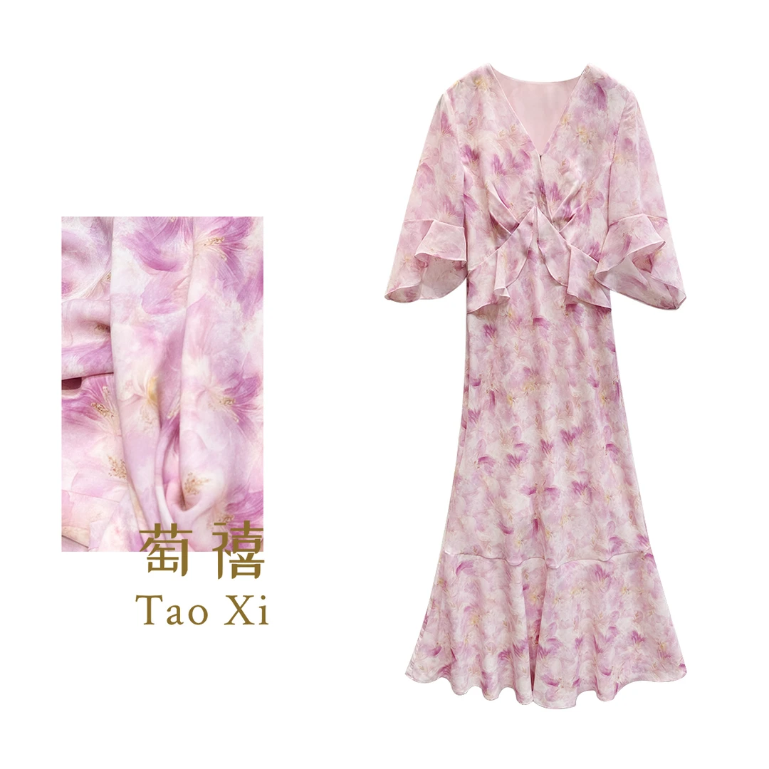 【萄禧】夏季薄款气质时尚通勤真丝气质碎花法式连衣裙TX05QZ8311