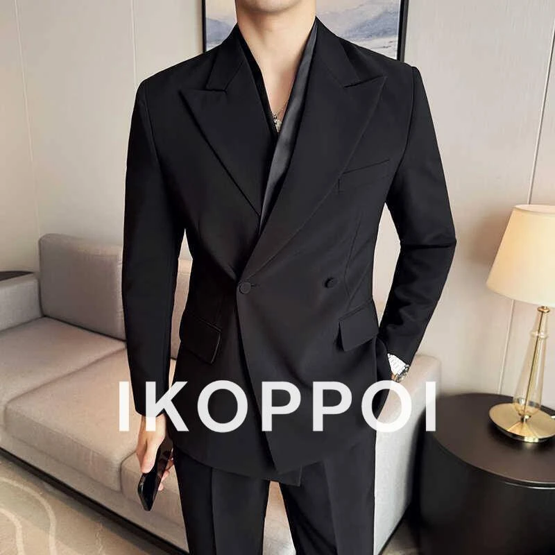 IKOPPOI纯色西服套装男士潮流简约气质西装英伦风假俩件结婚礼服
