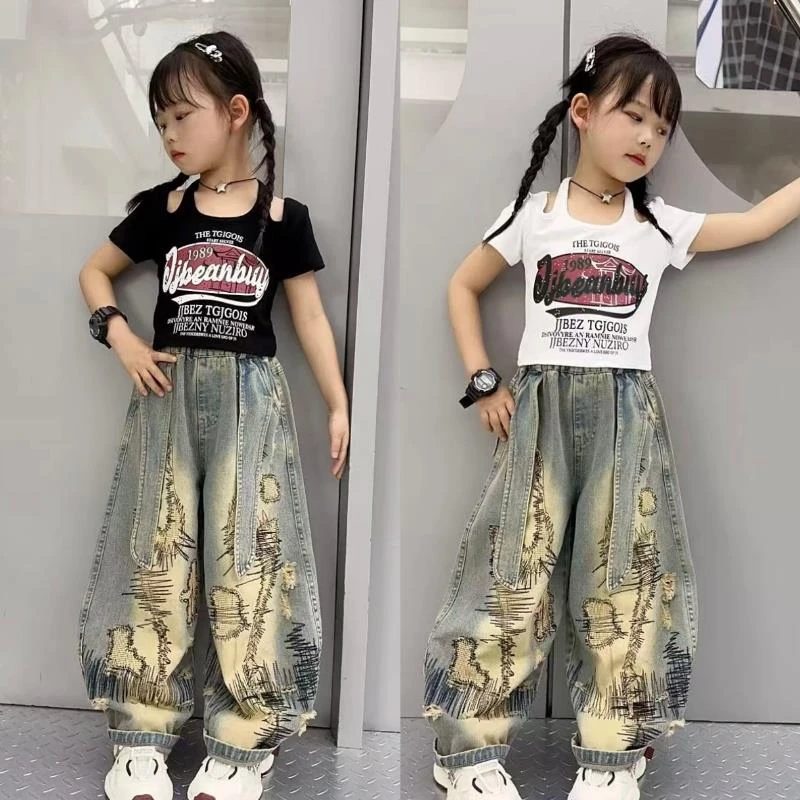 潮酷露肩吊带短袖套装女童夏季2025新款设计感复古双耳牛仔弯刀裤