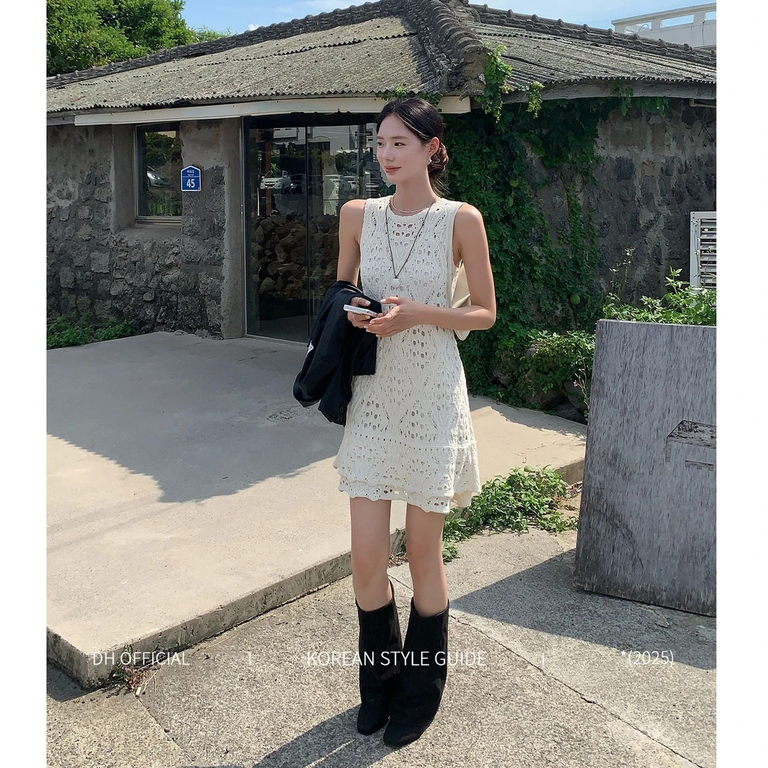 DH OFFICIAL 大花【恋恋舞曲 weave】气质高雅针织吊带钩花连衣裙