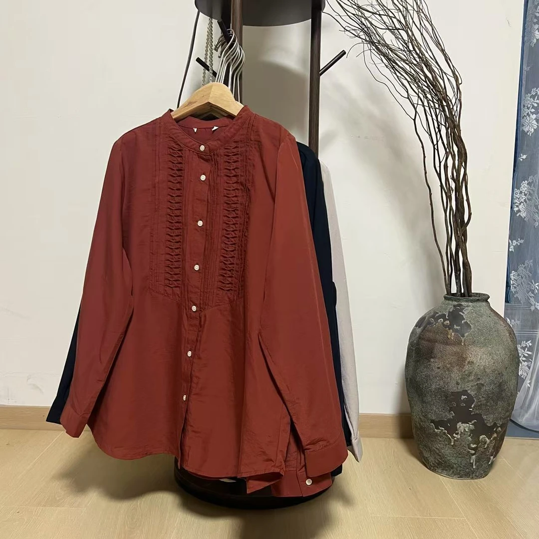 DOB｜日单原单 法式复古风琴褶袖衬衫女春秋立领显瘦衬衣