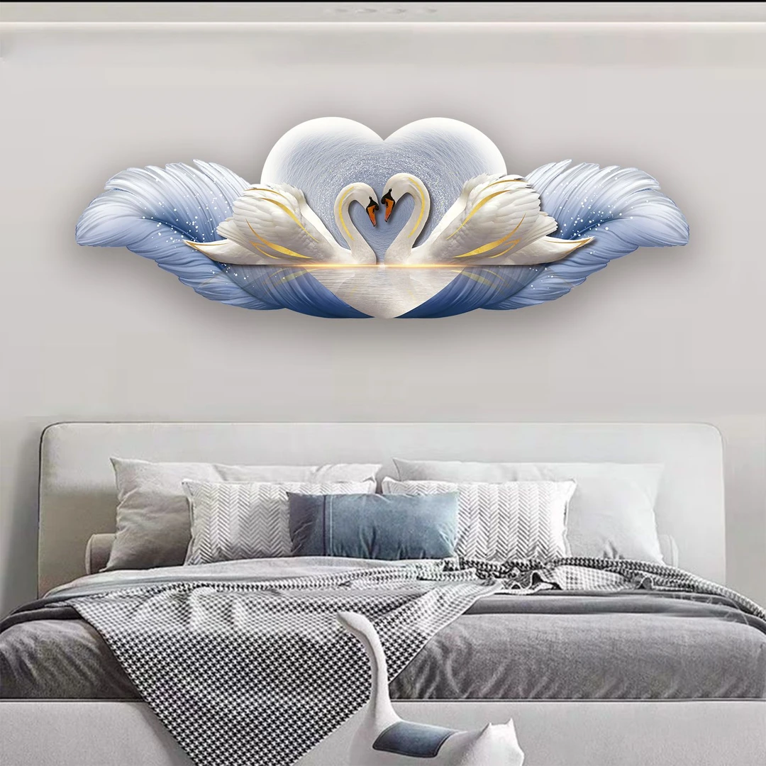 天鹅卧室装饰画高级感主卧床头挂画轻奢羽毛客厅背景墙面壁画U031