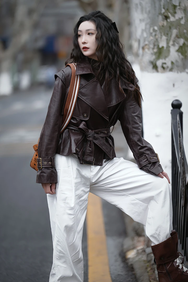 海宁原创设计春季新款真皮绵羊皮女装翻领复古女士百搭休闲时尚