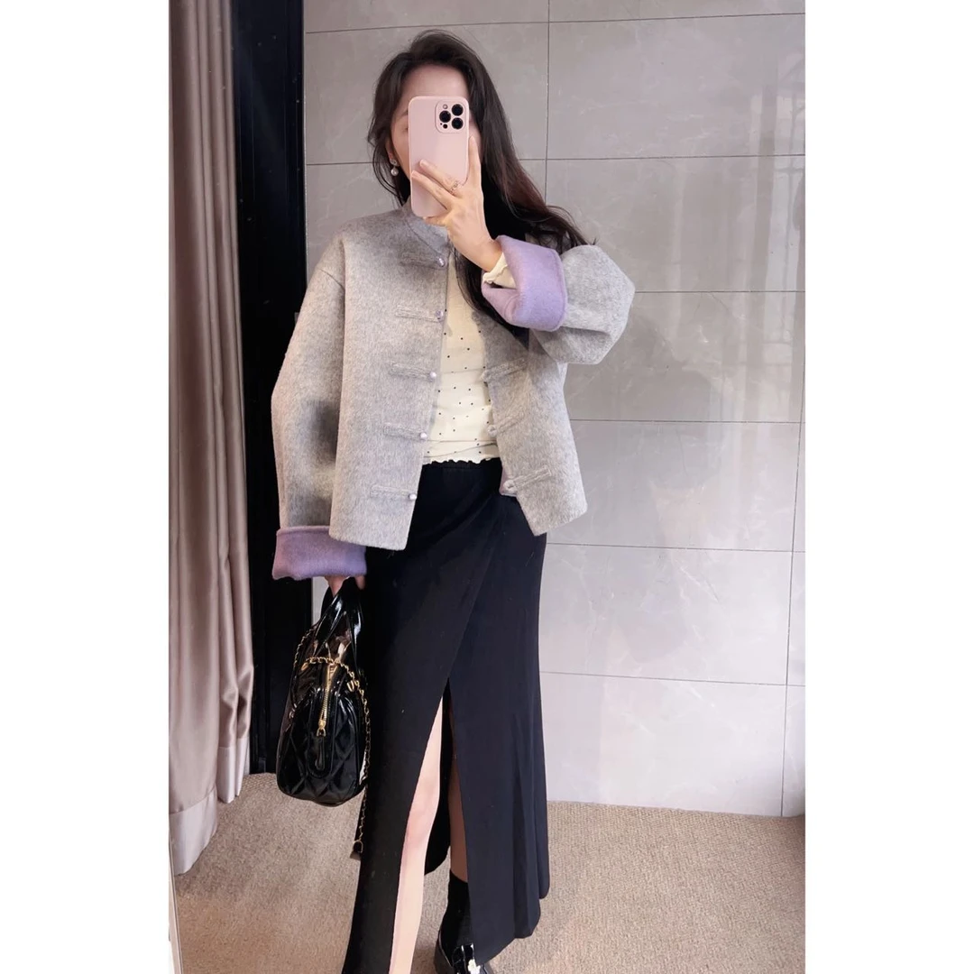 新中式国风盘扣设计 紫灰色双面呢短款外套