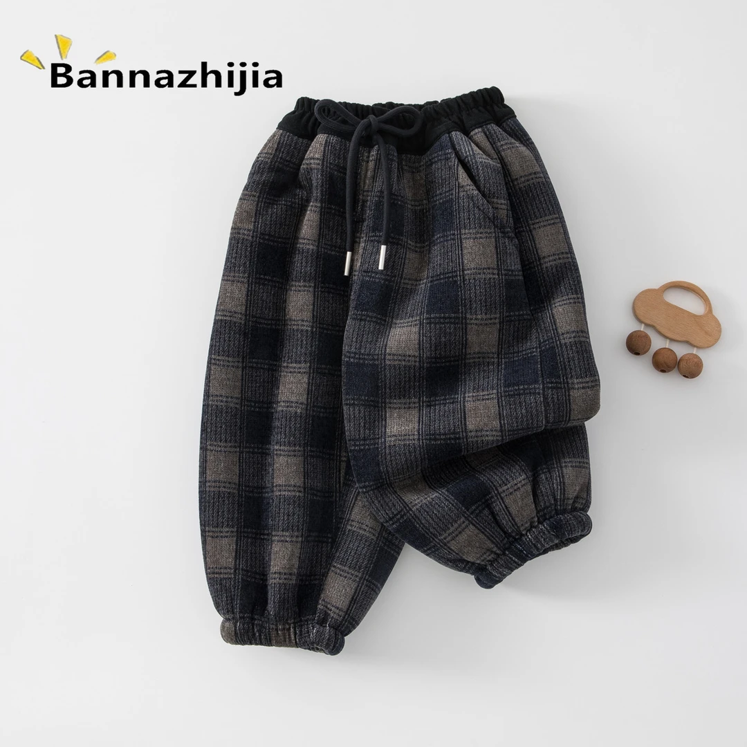 一条过冬男女宝宝加厚加绒保暖格子卫裤儿童男童女童裤子外穿冬季