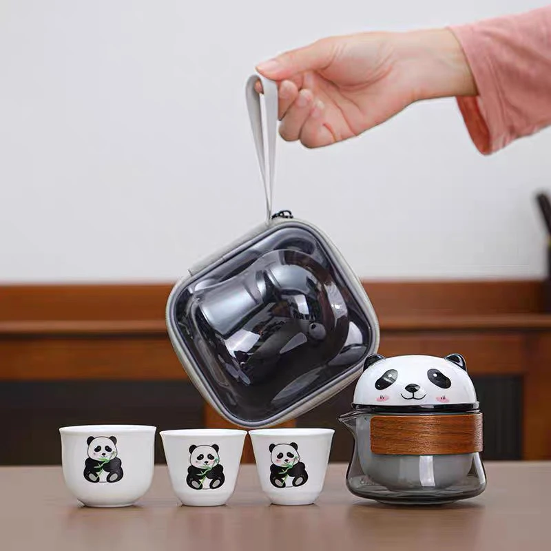熊猫便携式旅行茶具快客杯户外泡茶壶一壶三杯陶瓷茶具