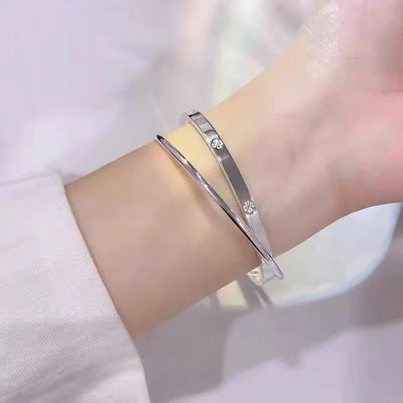 足银手镯 105号链接 四叶草银手镯闭口光面实心双环足银镯子手环