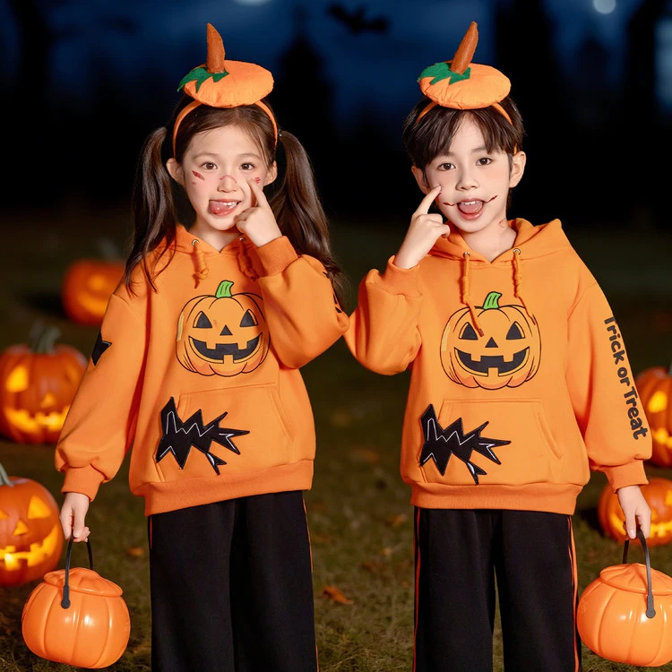 万圣节儿童服装2025新款男童女童南瓜卫衣连帽加绒搞怪衣服演出服