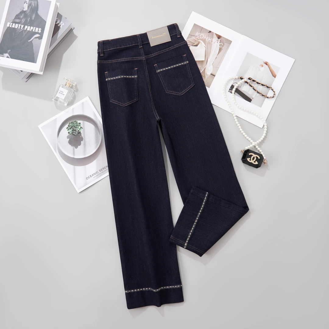 E秋冬厚款有加绒显瘦百搭时尚高腰直筒拖地弹力牛仔裤女