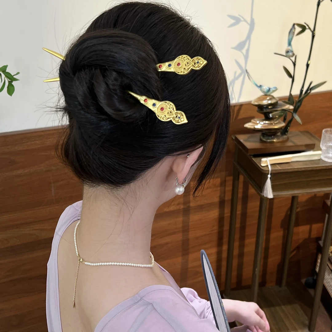 国风古法金色花丝葫芦福禄发簪宫廷富贵旗袍汉服盘发簪子