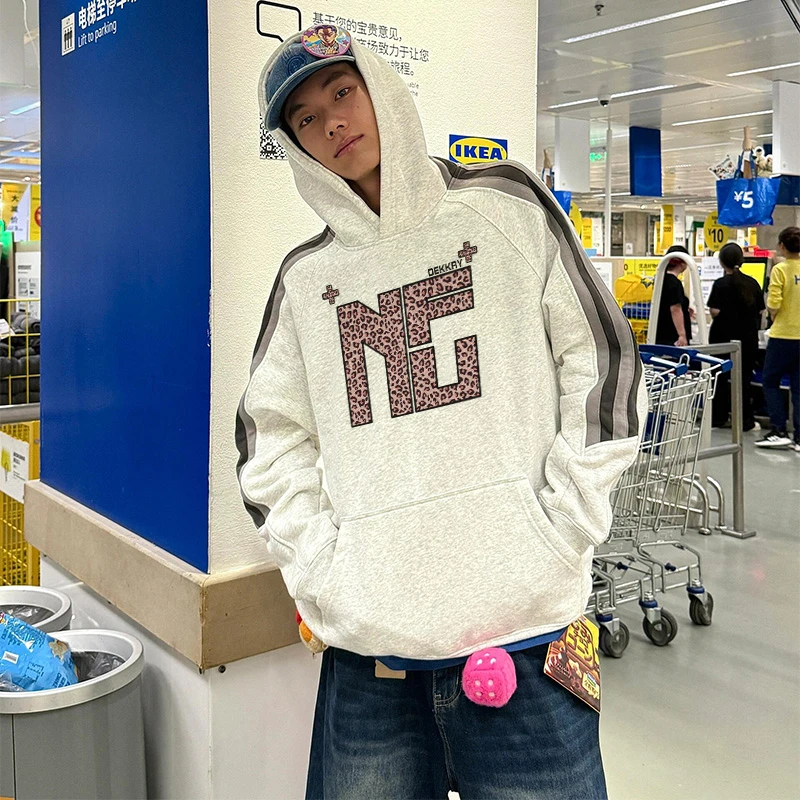 美式复古豹纹字母印花连帽卫衣男秋冬季潮牌宽松情侣撞色条纹外套