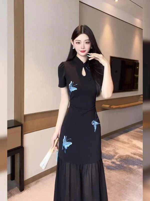 大码胖MM新中式国风改良旗袍裙黑色正肩连衣裙女夏季新款下摆长裙