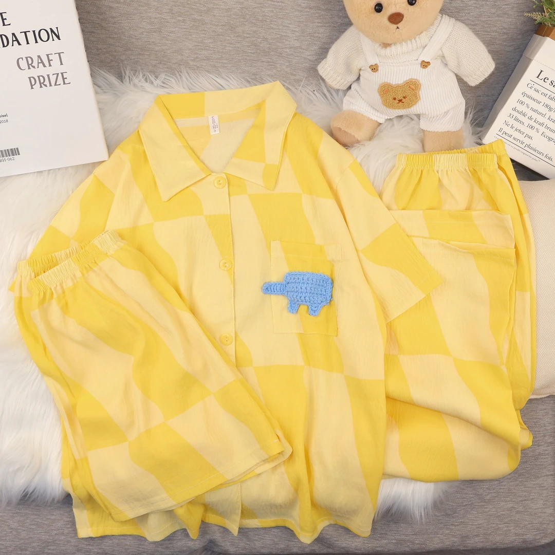 夏季卡通睡衣春夏薄款家居服套装三件套短袖短裤长裤套装可外穿