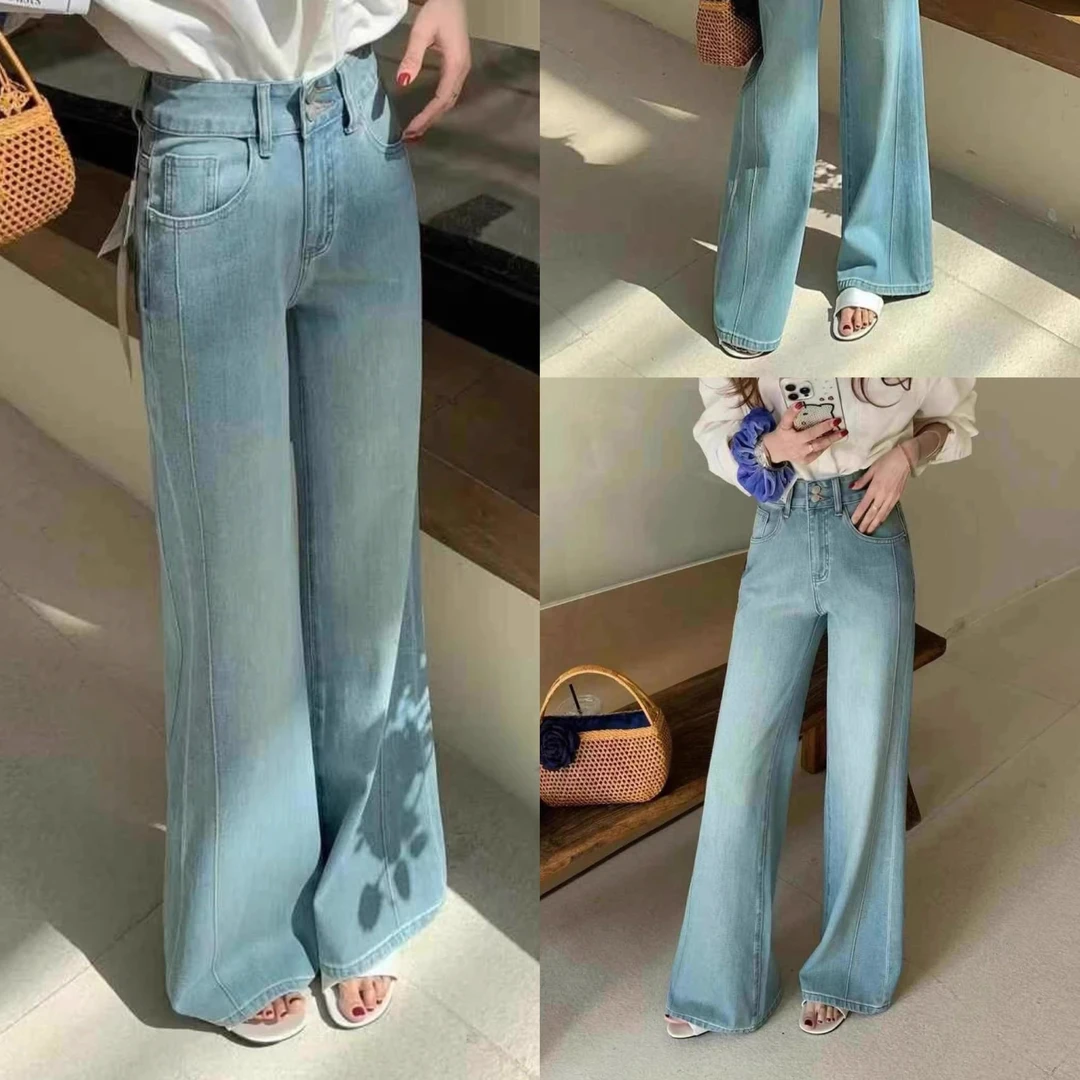 浅色微喇叭牛仔裤阔腿裤女春季四面弹高腰阔腿不贴腿喇叭裤女孩