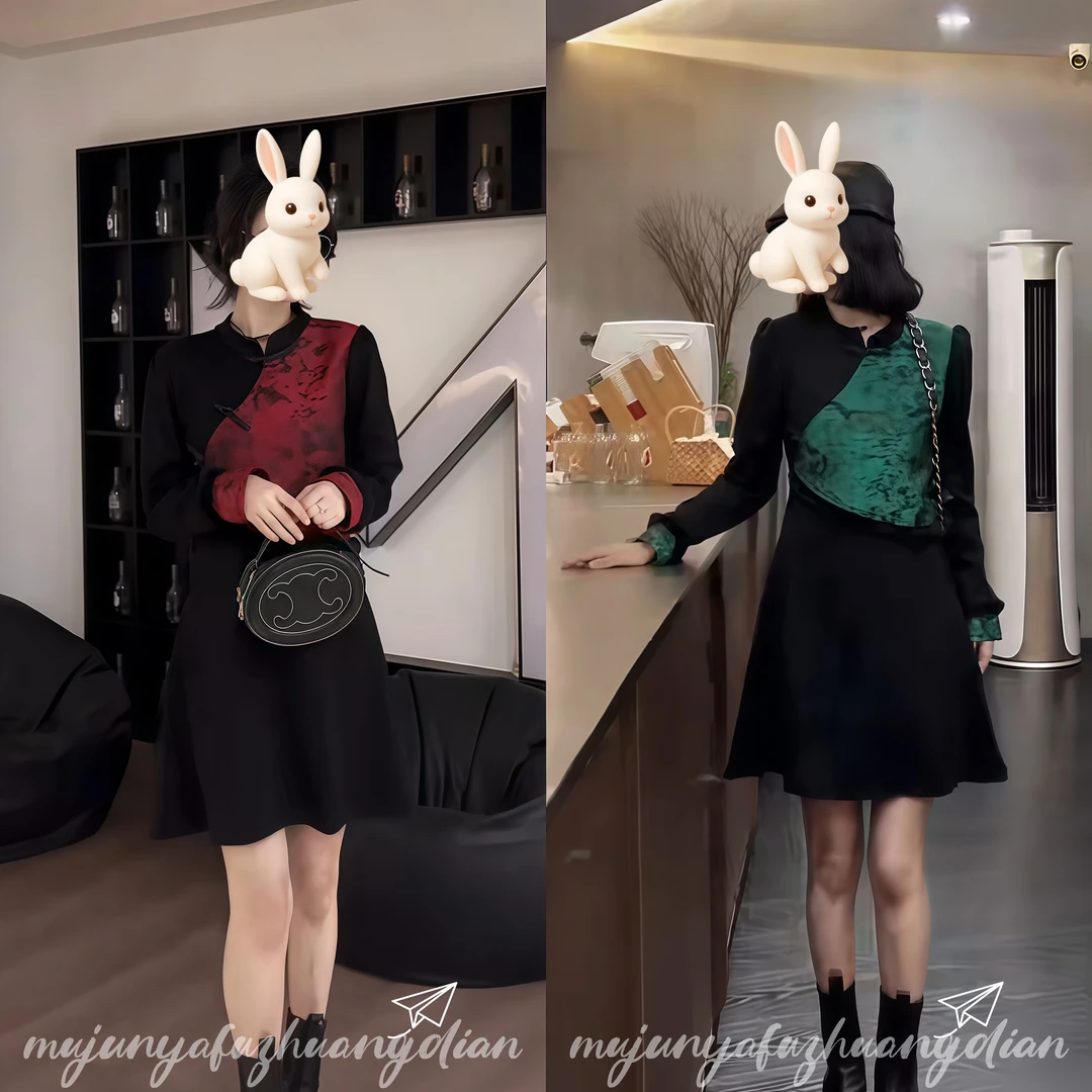 国风复古花拼接设计显瘦裙子春装遮肚高级感气质连衣裙女