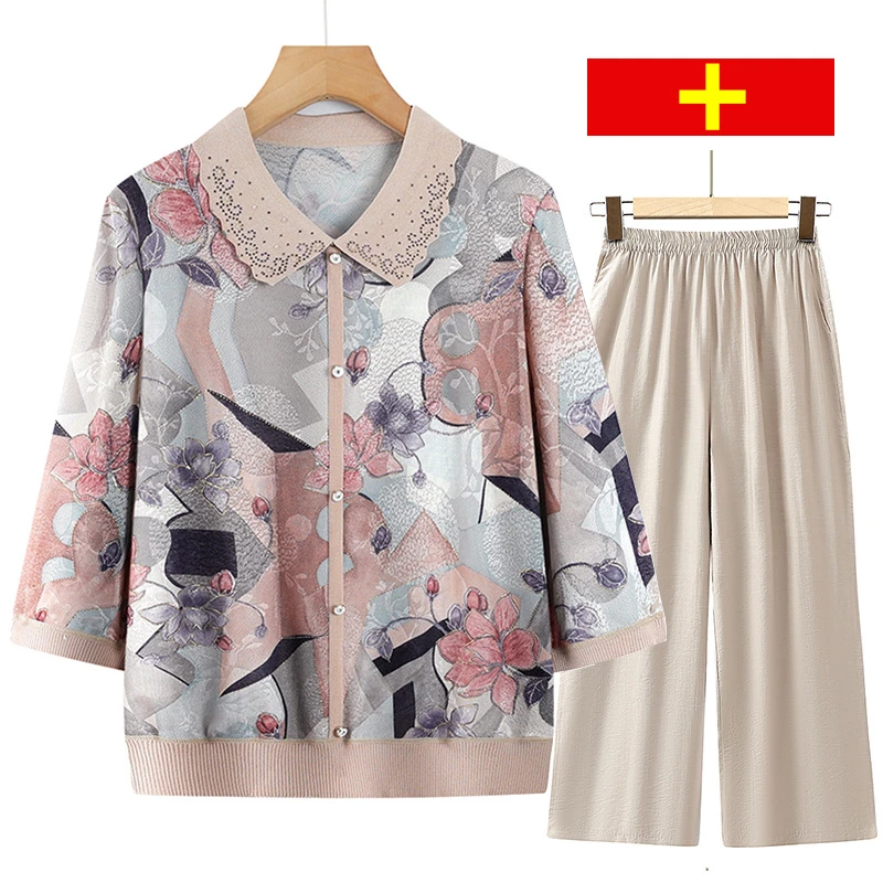 中老年女装妈妈夏装七分袖恤老太太上衣春夏装冰丝小衫套装50岁60