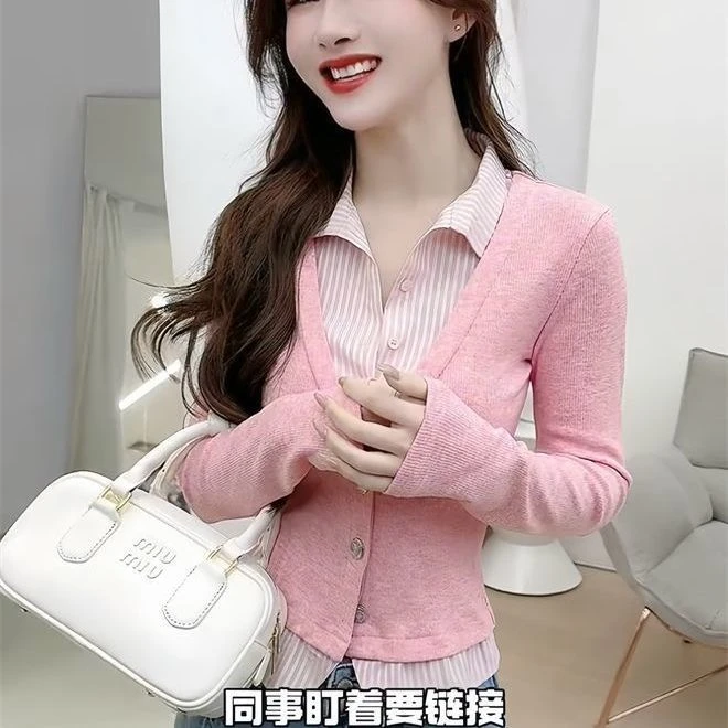 韩版设计感条纹拼接POLO领长袖衬衫女2025春季新款收腰显瘦上衣潮