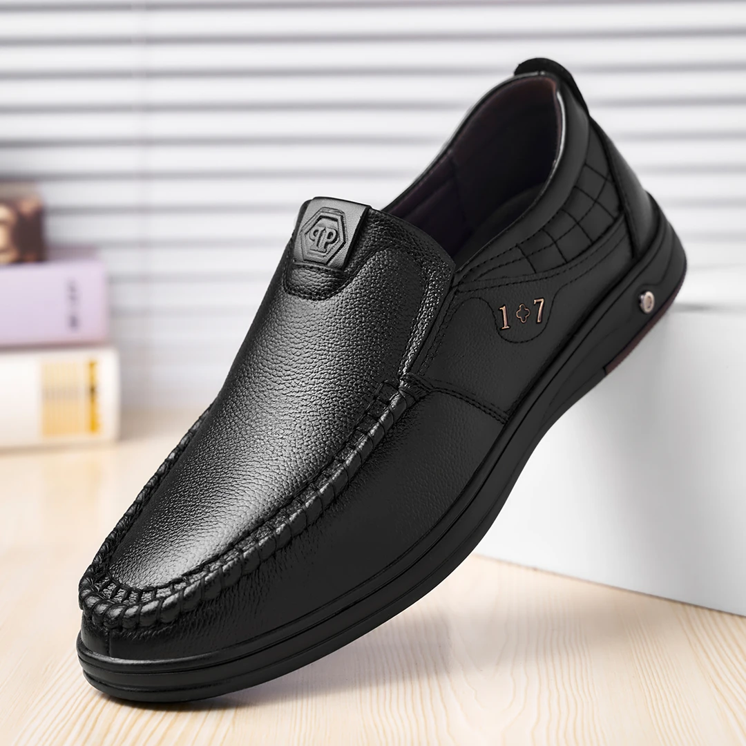 商务休闲鞋男士头层牛皮鞋男正装鞋懒人套脚大码鞋加绒款