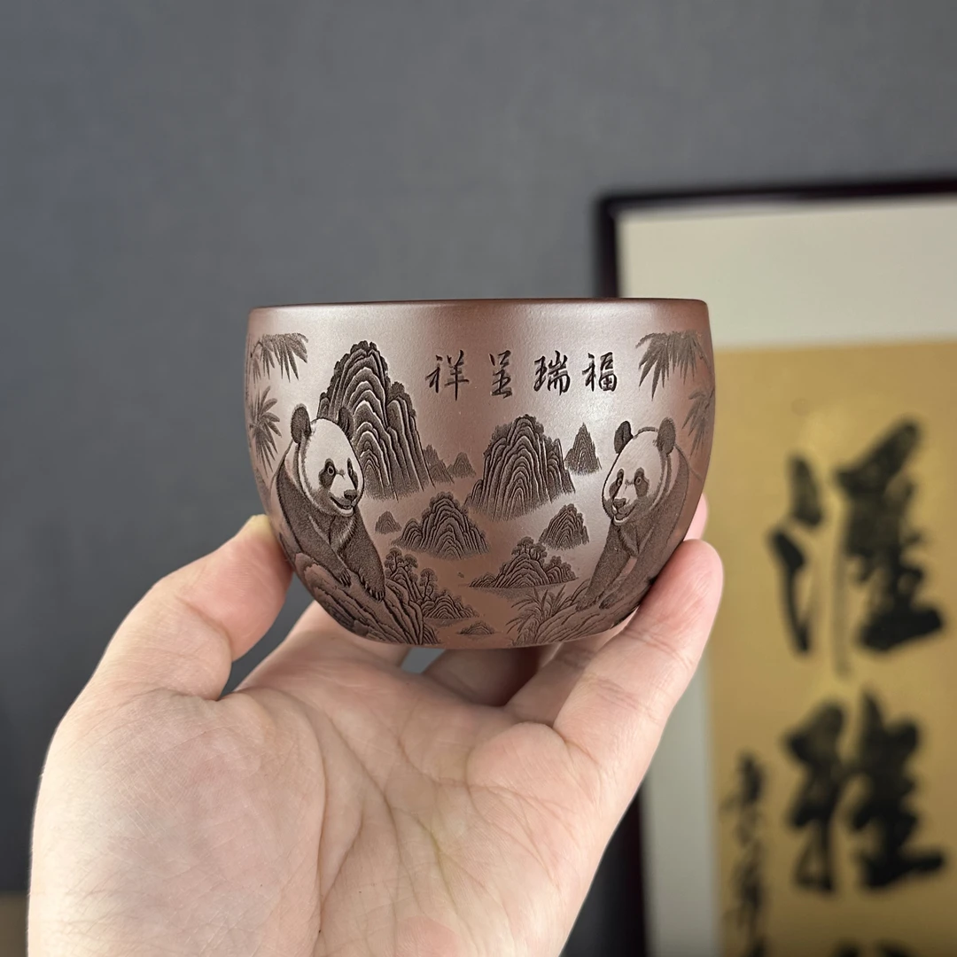 【汇雅馆】宜兴原矿紫砂石红水缸杯刻绘熊猫大容量茶杯主人杯单杯