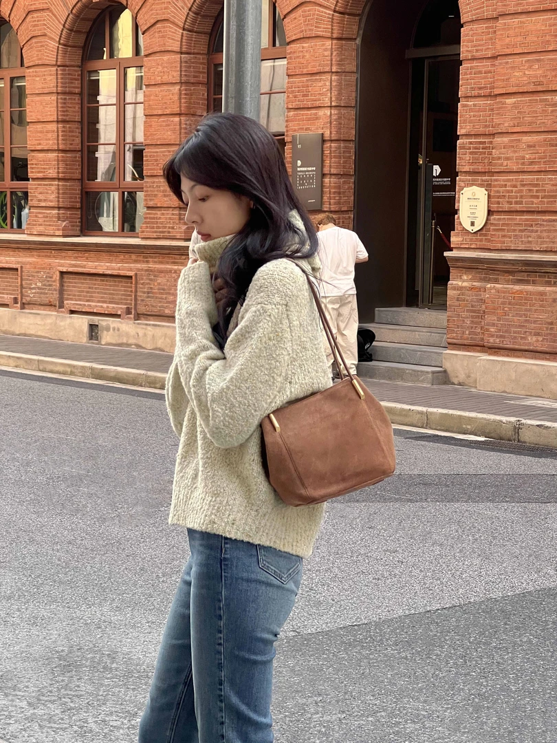 【素简】秋冬韩系慵懒风休闲宽松高领毛衣女针织衫上衣配围巾15319