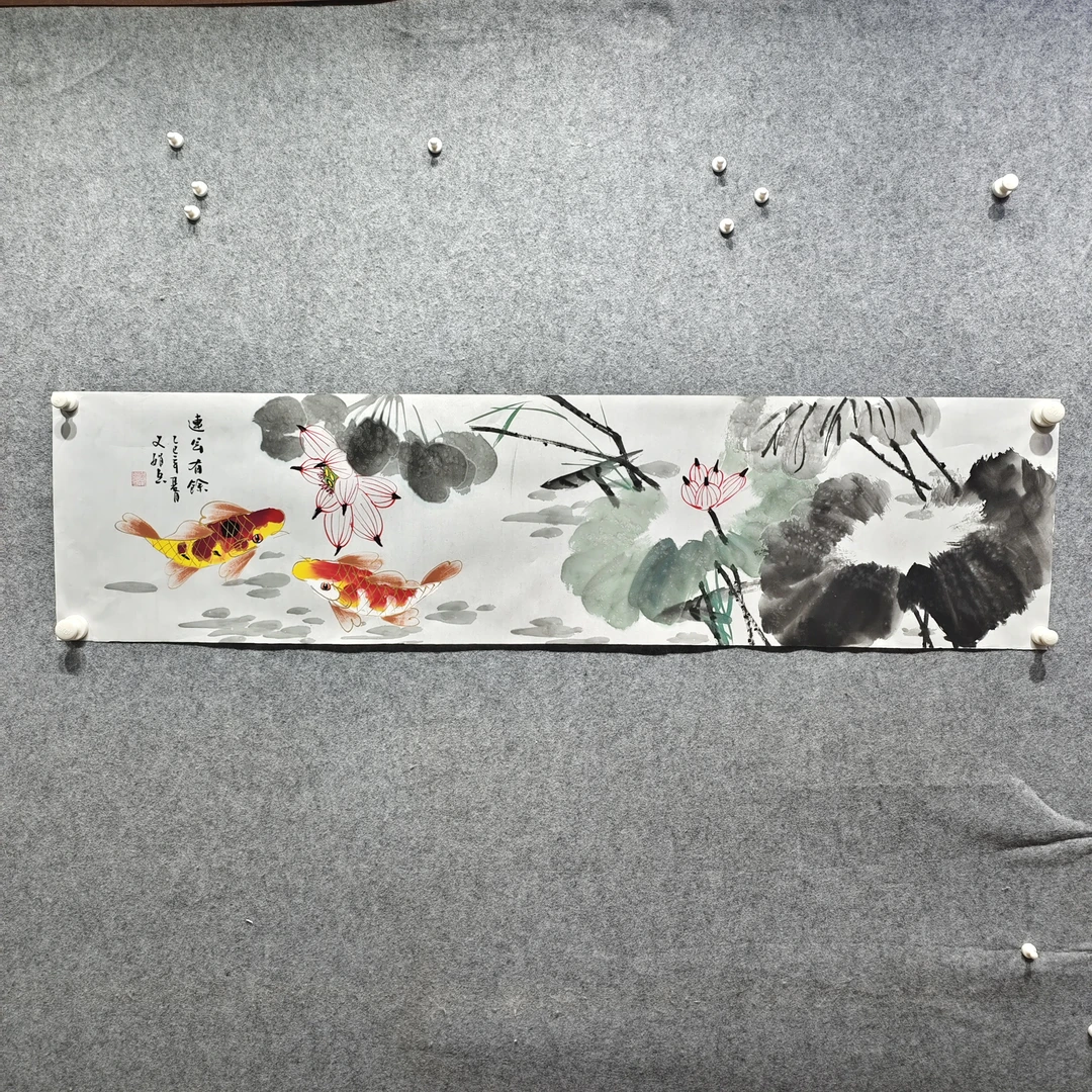 国画手绘四尺对开荷花鱼尺寸138-34厘米