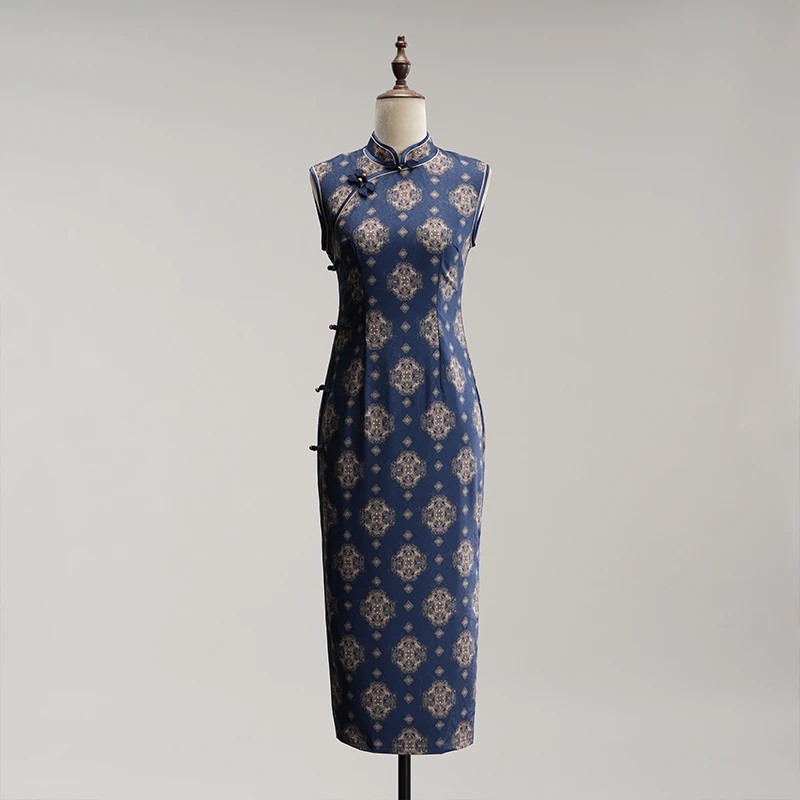 青衿瑶华/一顾再顾旗袍2026新款无袖蓝色复古日常新中式