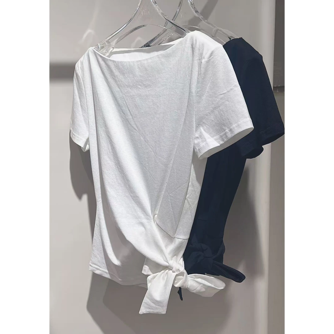 YIYI  2025夏季新品  时尚百搭一字领侧系带半袖T恤