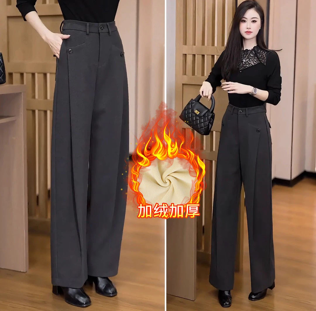 冬季加绒加厚休闲显瘦毛呢裤2025新款时尚复古设计感气质西装裤女