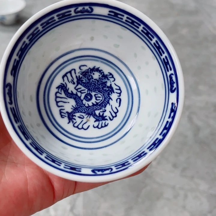 青花玲珑3寸小饭碗龙纹