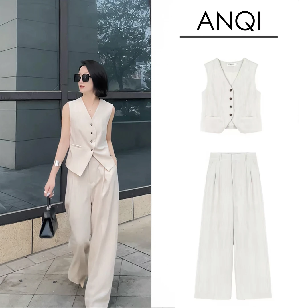 【ANQI】高级感老钱风亚麻套装女夏季新款薄款气质马甲阔腿裤两件套