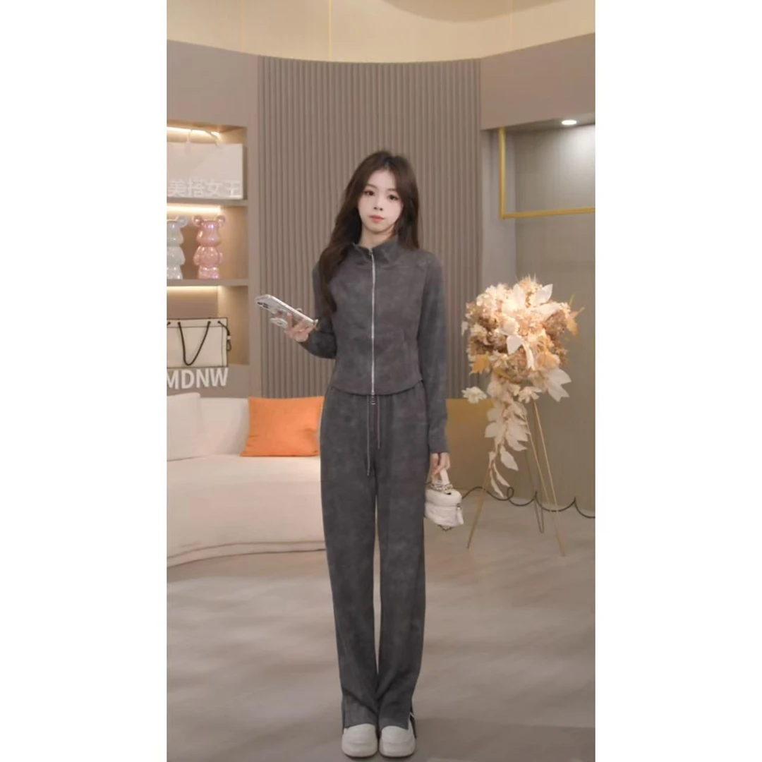 炸 冬季时尚显瘦立领拉链长袖上衣松紧腰阔腿休闲裤套装TZ1943