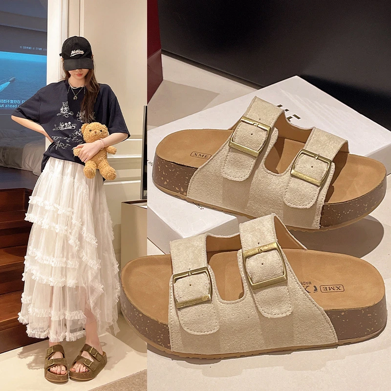 新款软底厚底凉拖外穿勃肯罗马风格皮带扣凉鞋一脚蹬懒人平底拖鞋