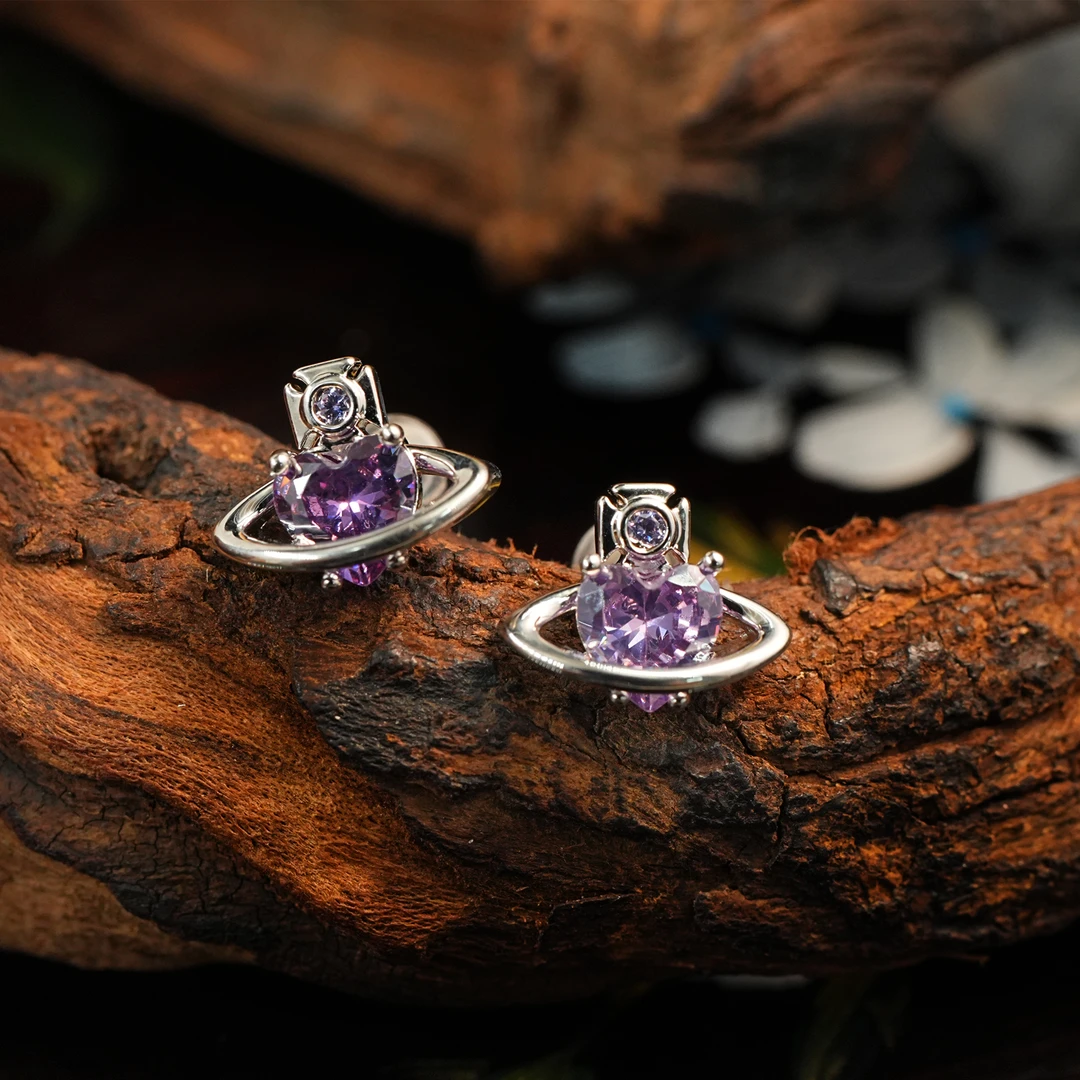 铜合金耳饰  耳钉 镶嵌紫色满钻土星小众气质高级感 312