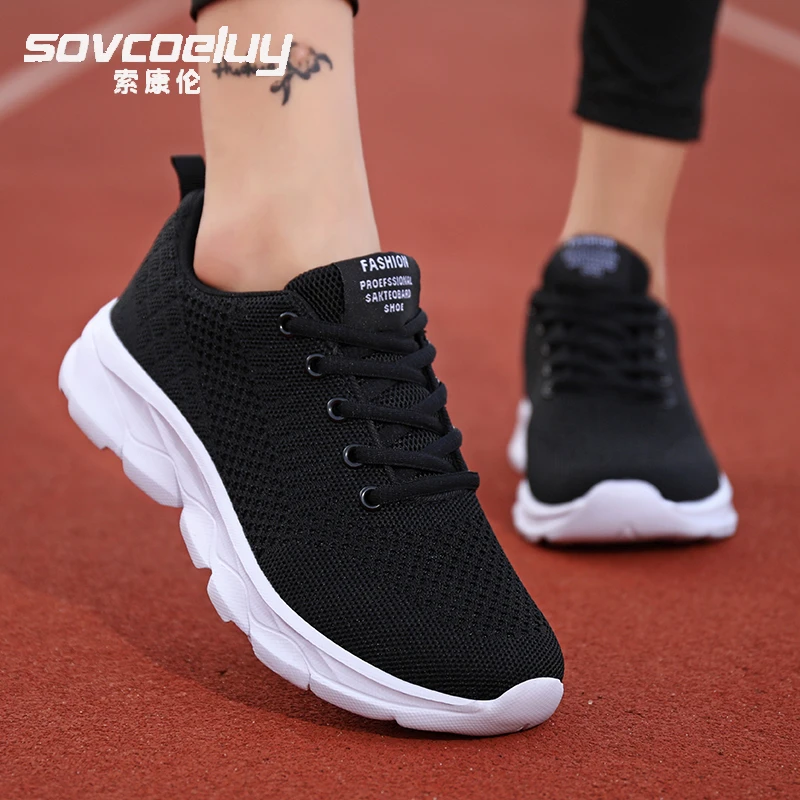 sovcoeluy/索康伦女鞋网面透气运动鞋女黑色百搭休闲轻便跑步鞋女