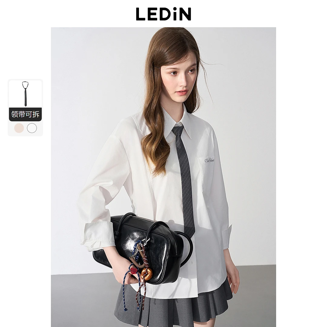 乐町领带休闲衬衫女2025年春季新款学院风韩系宽松简约衬衣上衣