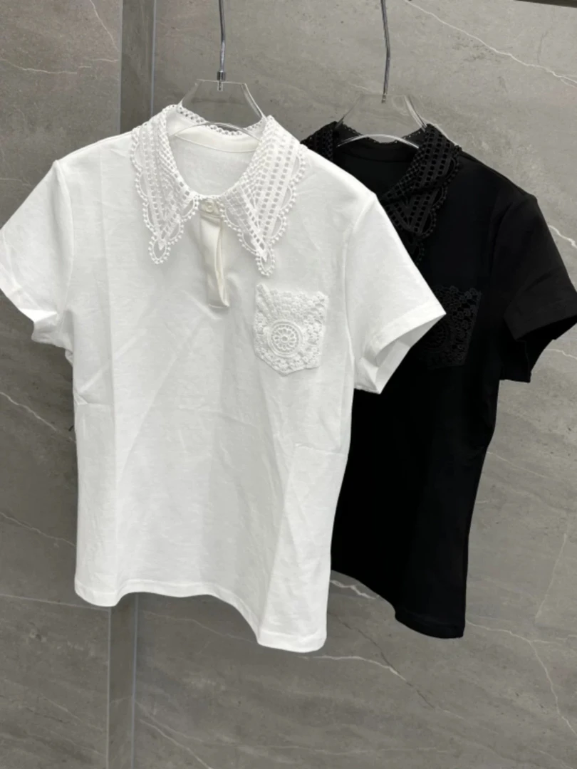 欧洲站2025夏季新款南油欧货翻领刺绣钩花口袋半纽扣显瘦短袖T恤