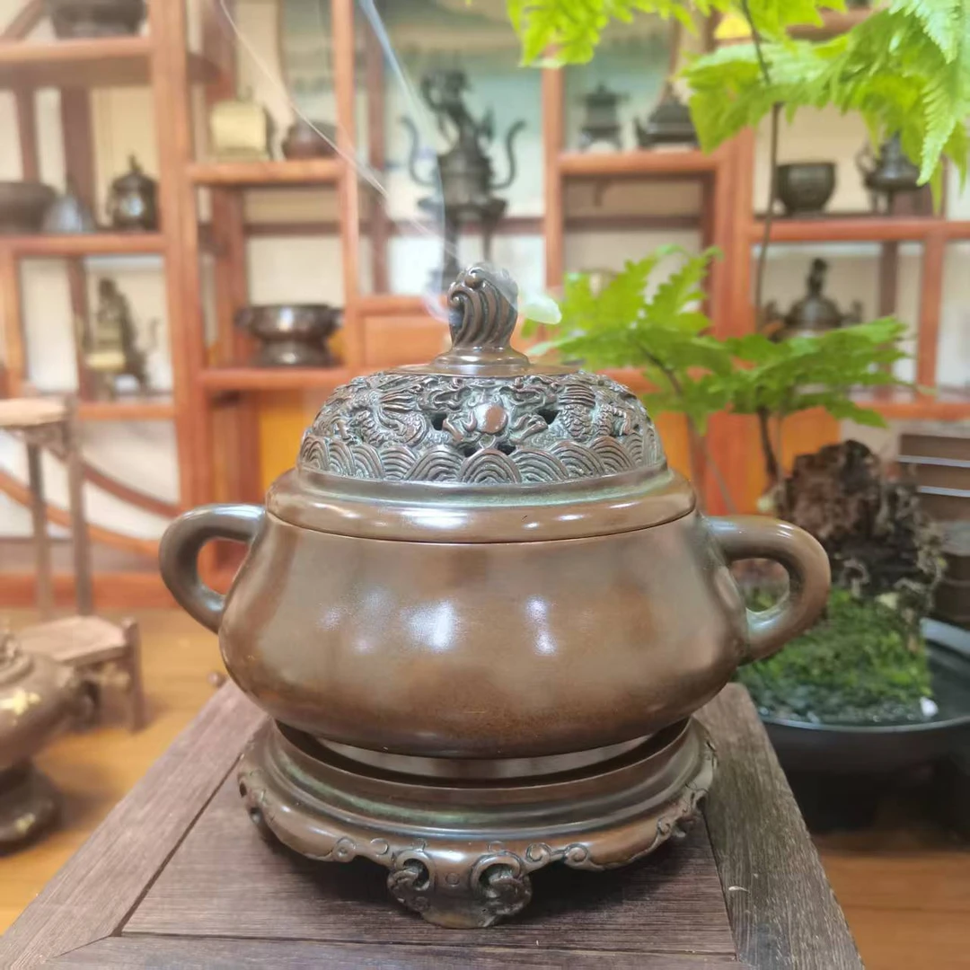 苏工失蜡法蚰龙耳双龙戏珠盖熏香龙香炉