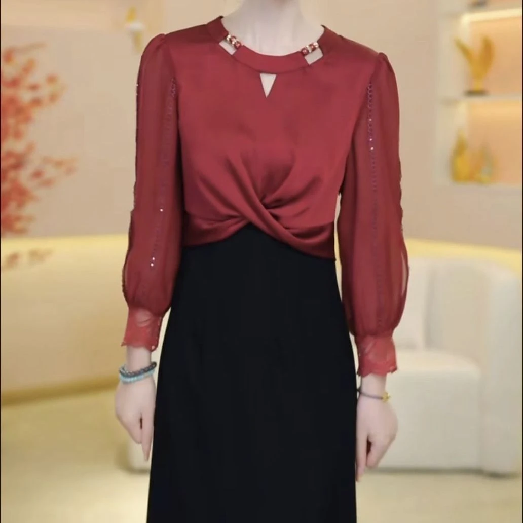 高档幻彩珠光琉璃丝礼服裙2025春夏季新款时尚洋气遮肉显瘦连衣裙