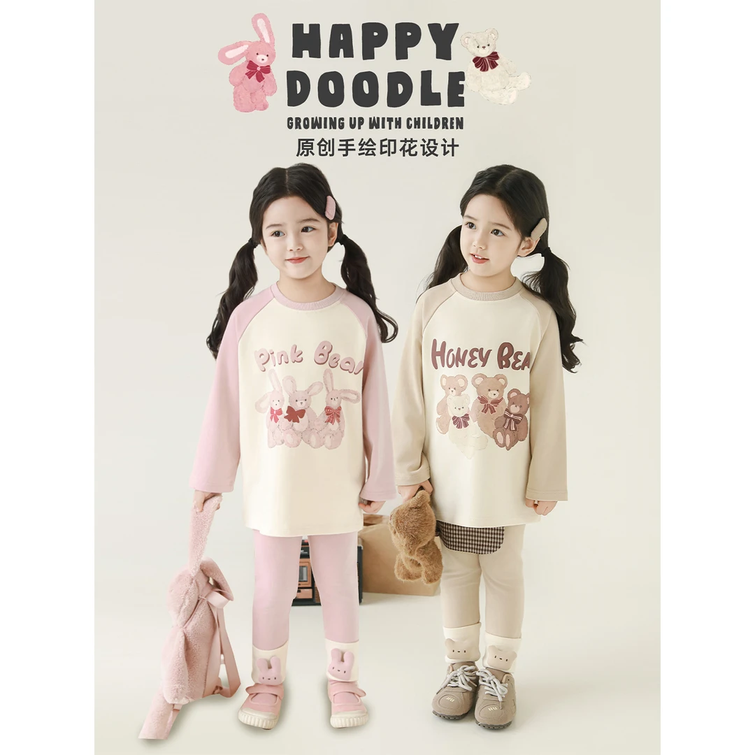YOEHYAUL/幼悠幼悠【粉红小熊】秋壹波长袖卡通女童套头卫衣 Q4169