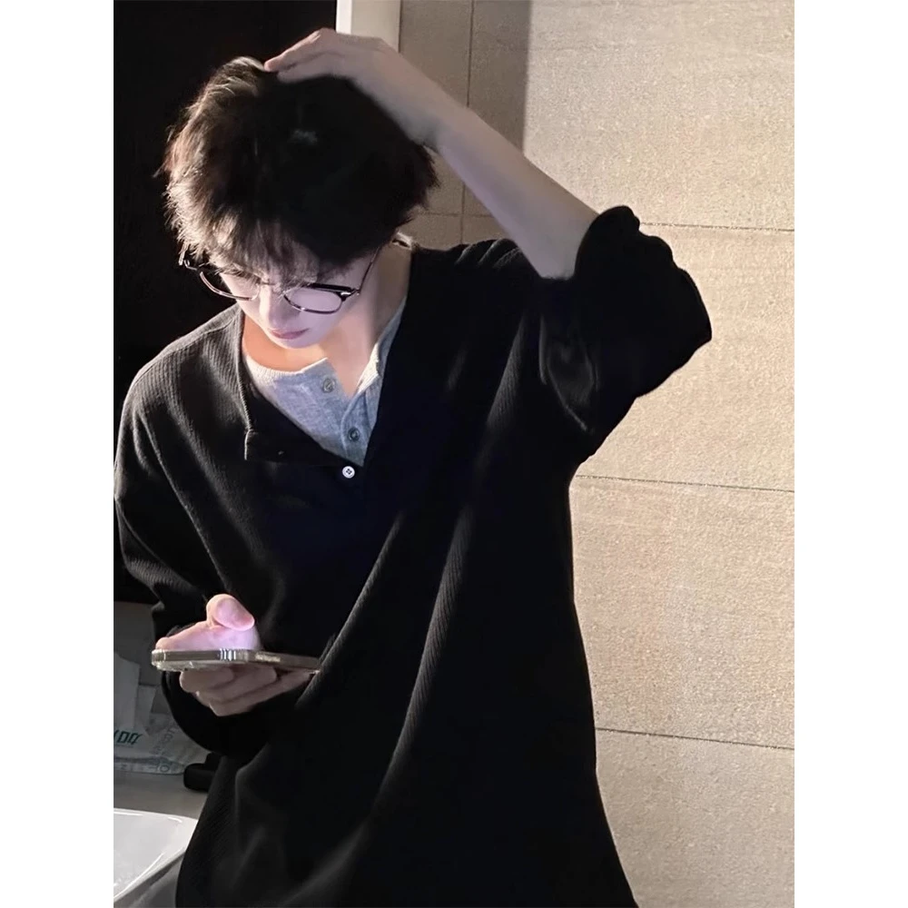 黑色假两件亨利衫重磅长袖t恤男夏季美式复古潮牌痞帅打底衫上衣