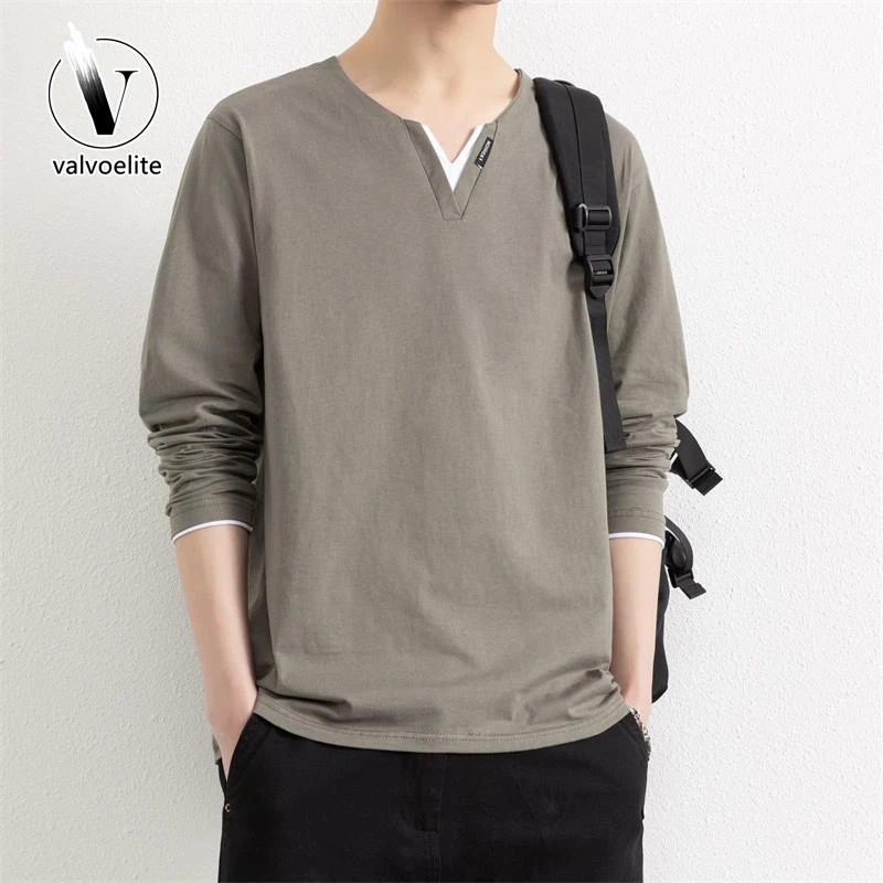 VALVOELITE假两件长袖恤男春秋薄款上衣外穿时尚卫衣休闲打底小衫