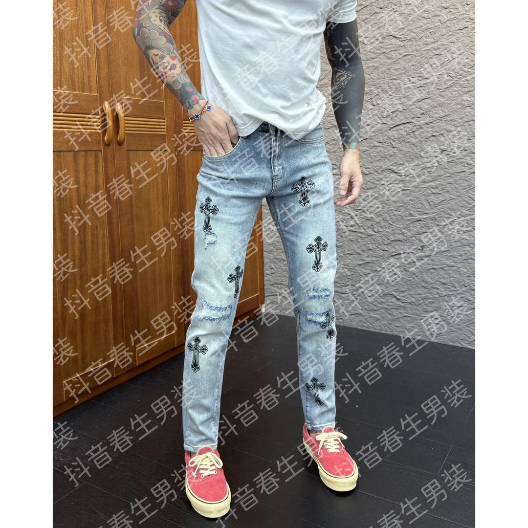 2025秋冬新款时尚休闲百搭印花修身小脚男士牛仔裤6082