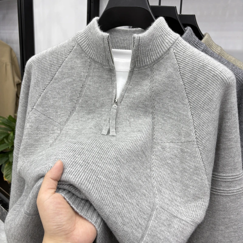 秋冬季加厚保暖男士针织衫复古提花纯色半高领百搭休闲半拉链毛衣